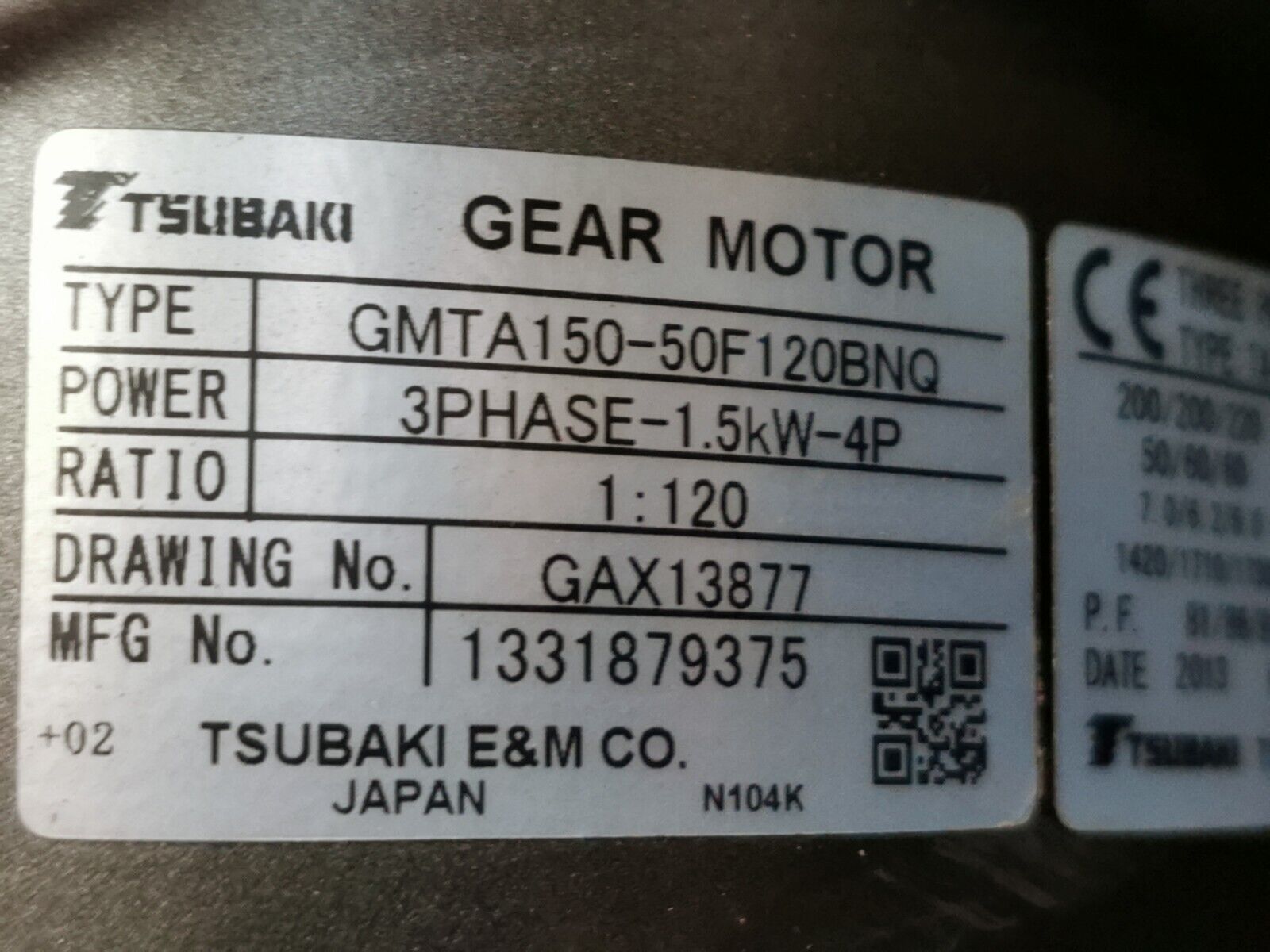Tsubaki GEAR MOTOR GMTA150-50F120BNQ 1,5kW Übersetzung 1:120