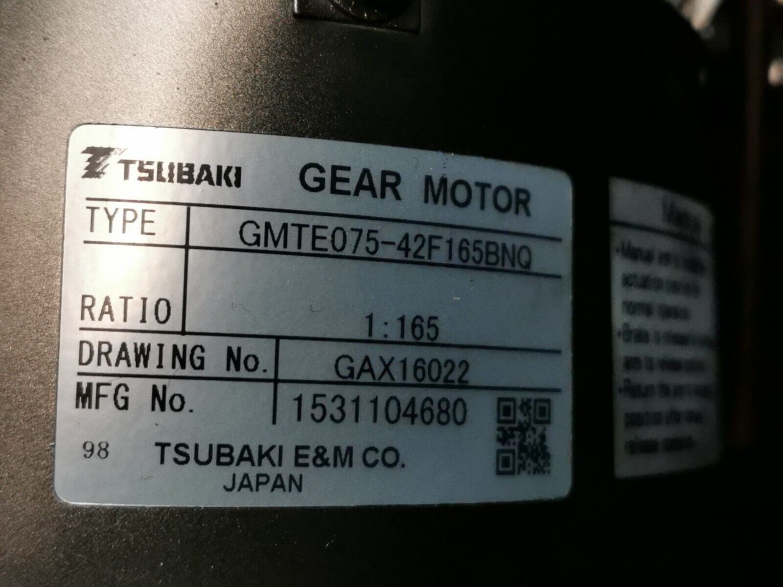 Tsubaki GEAR MOTOR GMTE075-42F165BNQ 0,75kW Übersetzung 1:165