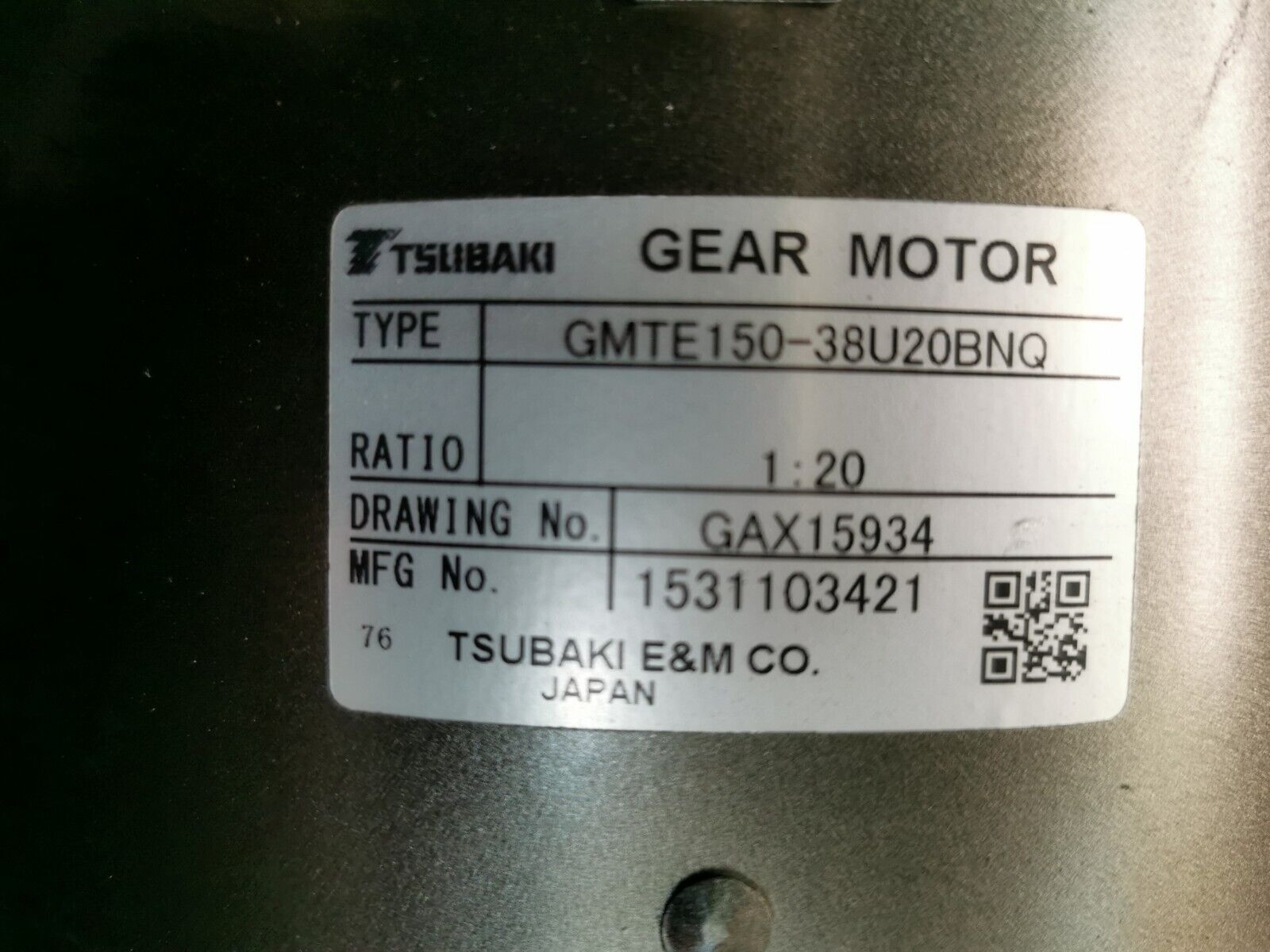 Tsubaki GEAR MOTOR GMTE150-38U20BNQ 1,5kW Übersetzung 1:20