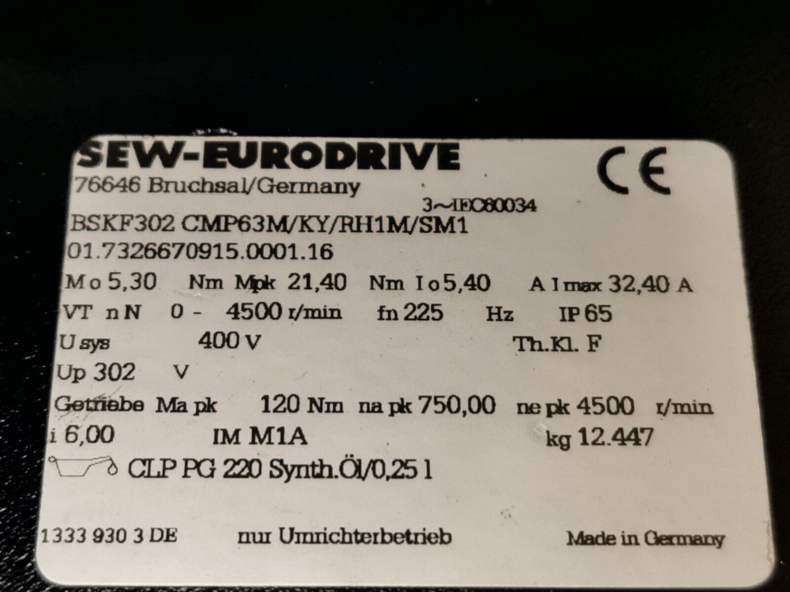 SEW BSKF302 CMP63M/KY/RH1M/SM1 Servomotor