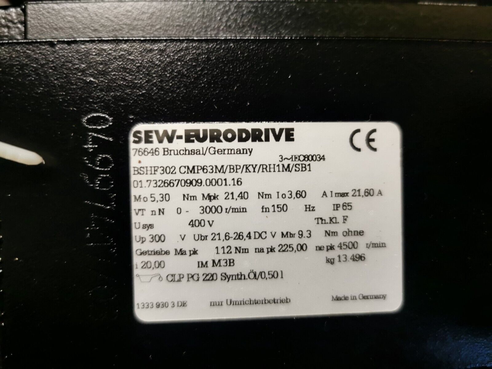 SEW BSHF302 CMP63M/BP/KY/RH1M/SB1 Servomotor