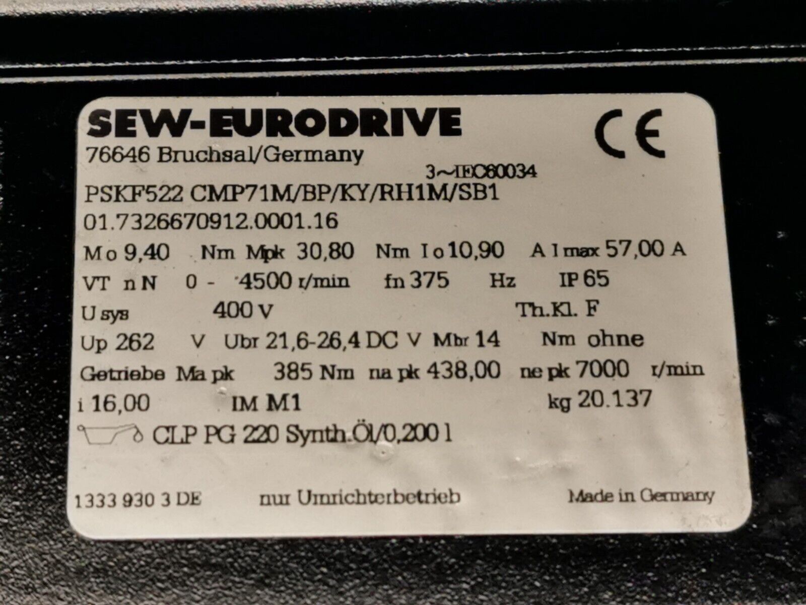 SEW PSKF522 CMP71M/BP/KY/AK0H/SB1 Servomotor