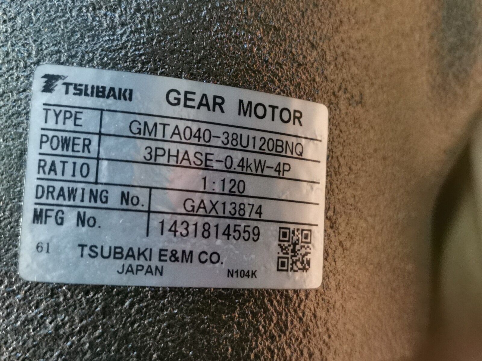 Tsubaki GEAR MOTOR GMTA040-38U120BNQ 0,4kW  Übersetzung 1:120