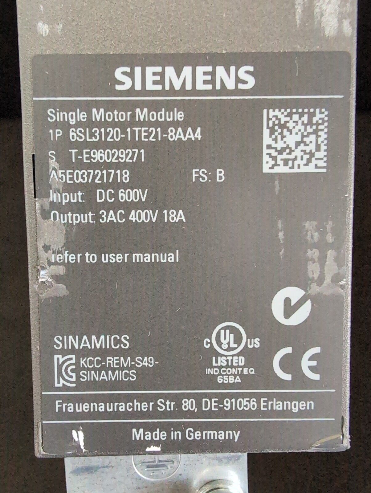 Siemens 6SL3120-1TE21-8AA4 Version B